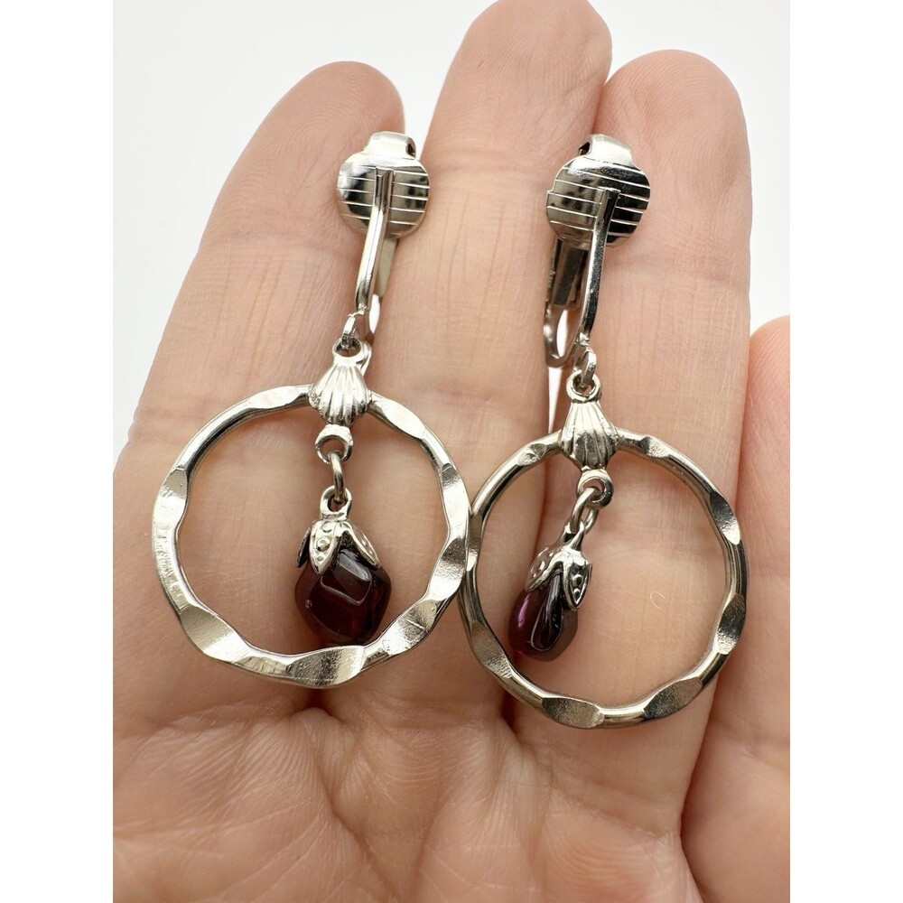 Vintage Silver Tone Garnet Clip On Earrings
